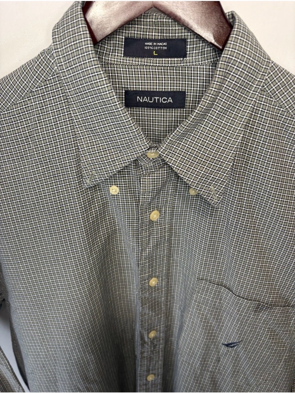 Nautica Men's Long Sleeve Button Up 100% Cotton Long Sleeve Green Plaid Shirt LG - Picture 5 of 7
